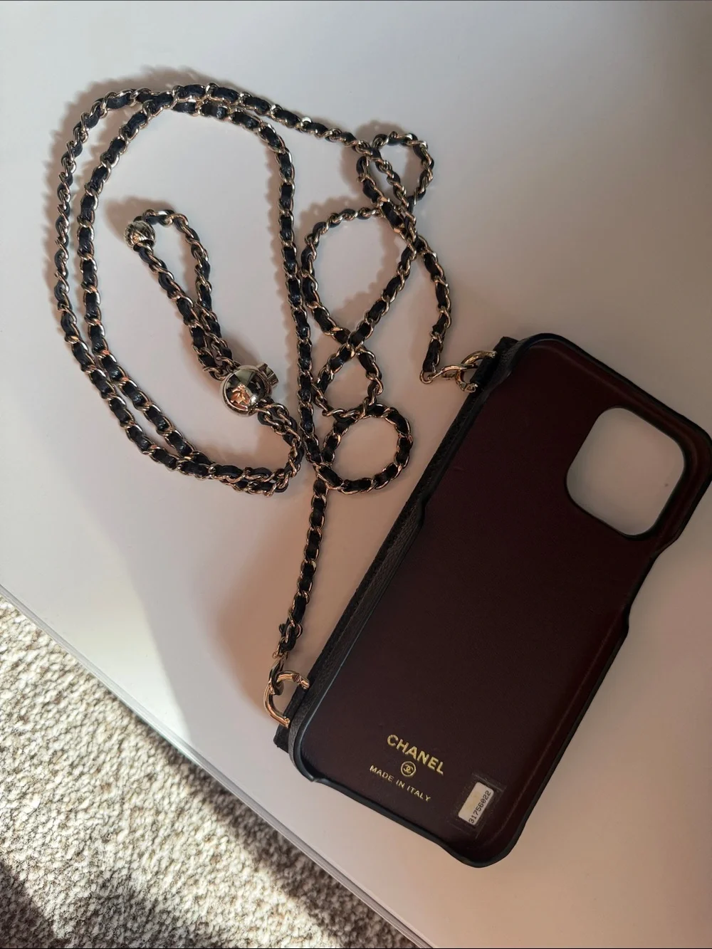 CHANEL Black Quilted Leather Chain Wallet Phone Case with Gold Logo